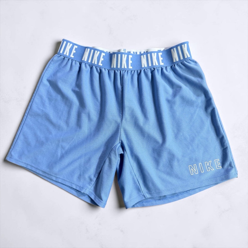 Nike Dri-FIT Standard Fit Athletic Shorts Light Blue Logo Waistband Womens XL
